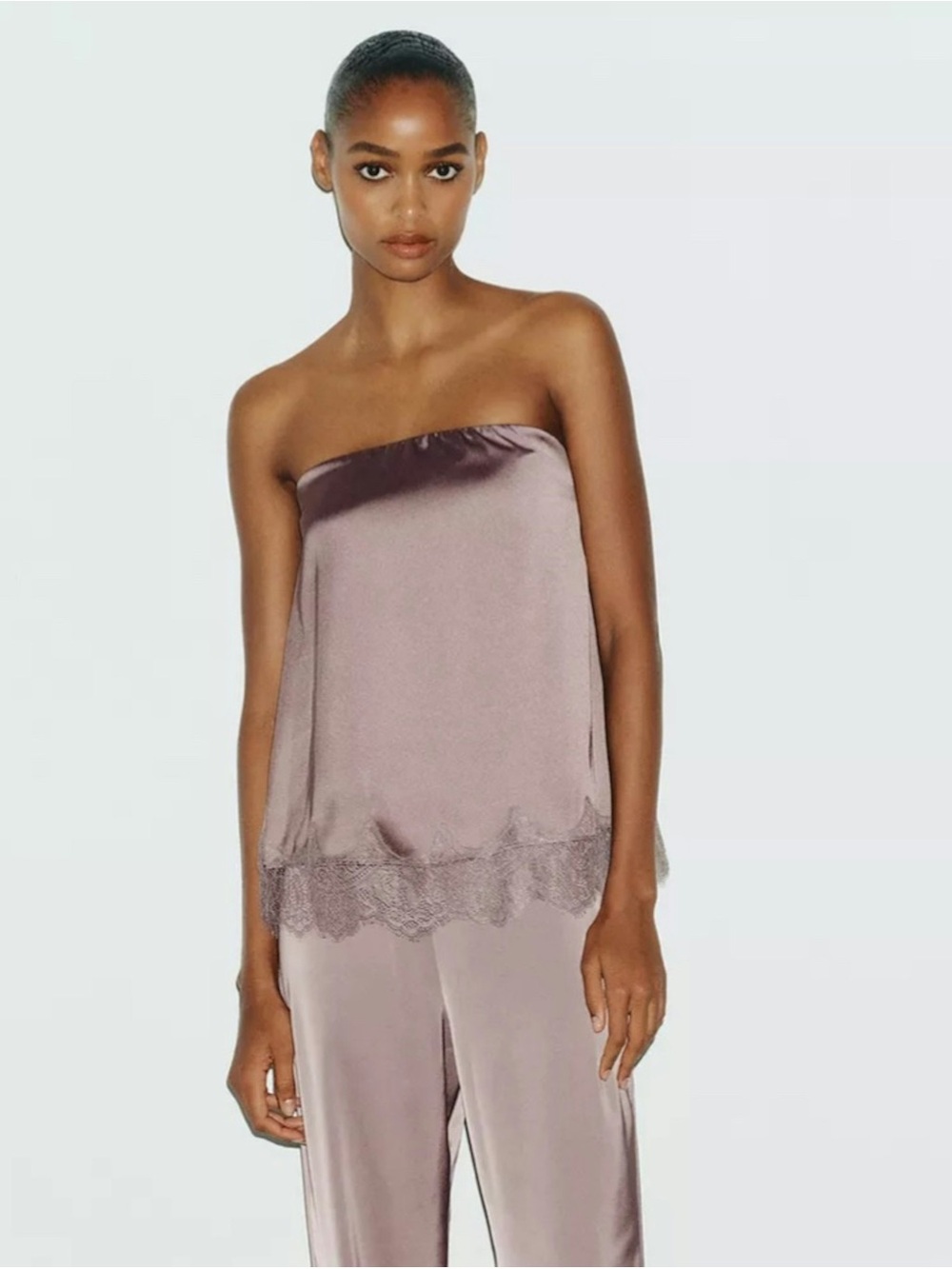 Zara Silky Lace Trim Strapless top in Dusty Mauve Size Large